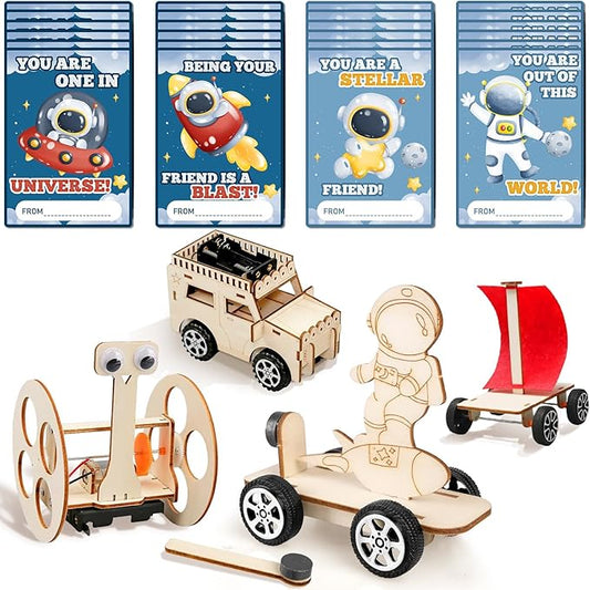 MOVINPE Valentines Day Gifts for Kids School Classroom - 24 Sets Stem Kits with Valentines Cards, Wood Craft Science Kit Valentine Exchange Gifts Space Theme Class Prizes Bulk for Boys Girls
