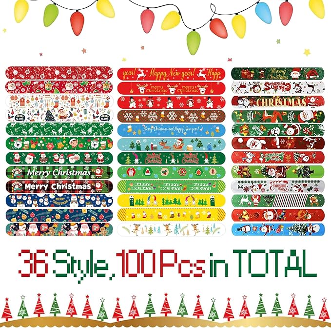 100Pcs Christmas Slap Bracelets, Christmas Party Favors for Kids, Christmas Stocking Stuffers, Christmas Toys For kid and children, Party Gift Bag Filler Supply