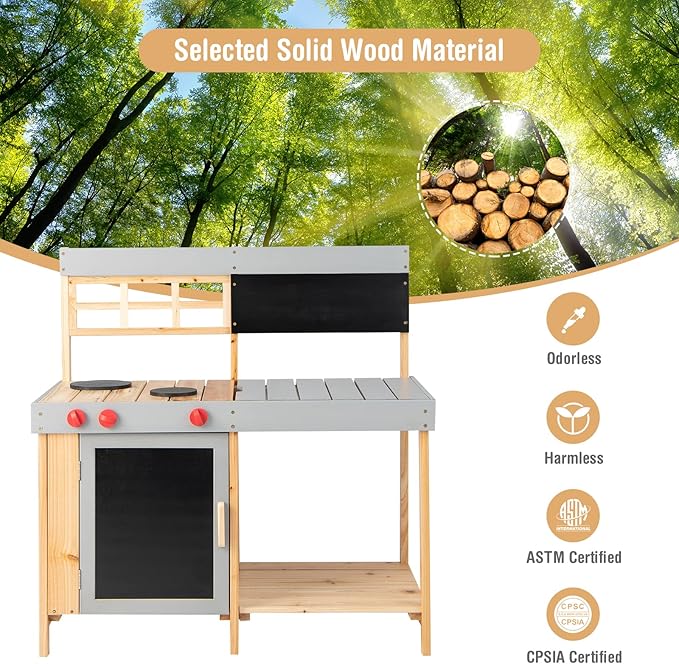 Costzon Mud Kitchen for Kids Outdoor, Wooden Pretend Play Kitchen with Removable Sink, Stoves, Storage Shelf, Toddler Backyard Toy Kitchen Set, Kids Kitchen Set for Boys Girls Age 3+