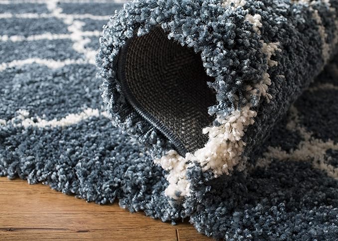 SAFAVIEH Hudson Shag Collection Runner Rug - 2'3" x 14', Slate Blue & Ivory, Trellis Design, Non-Shedding & Easy Care, 2-inch Thick Ideal for High Traffic Areas in Living Room, Bedroom (SGH282L)