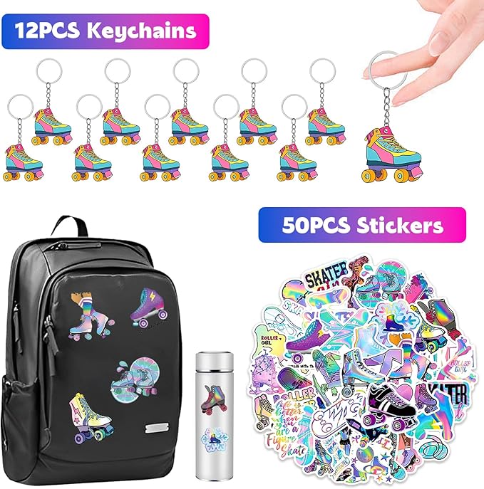 Roller Skate Party Favors 98PCS Slap Bracelets, Stickers, Key Chains, Pin Badges and Temporary Tattoos for Kids Boys Girls Throwback 80s 90s Roller Skating Hip Hop Birthday Party Supplies Decorations