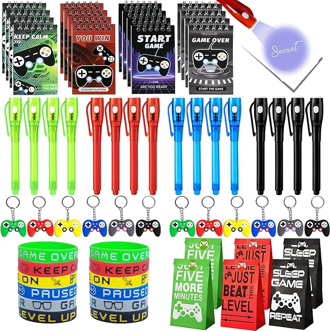 80 Pcs Video Game Party Favors Party Supplies Invisible Ink Pens Notebook Silicone Bracelet Gift Paper Bag Video Game Controller Keychain Birthday Supplies for Kids Gamer Party Favors Game Stuffer Bag
