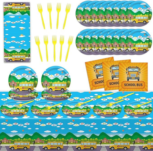 School Bus Birthday Party Supplies Back to School Decorations School Bus Theme Party Tableware Includes Plates Napkins Fork and School Bus Tablecloth for Kindergarten Parties Decorations Set Serve 20