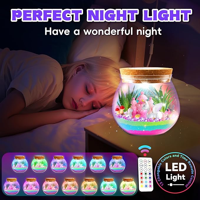 VigorFun Unicorn Terrarium Kit for Kids - Creative LED Night Light Gifts for Girls Birthday Age 3+, DIY Arts & Crafts Light Up Kit, Unicorn Toys for Kids 4 5 6 7 8 9 10 Year Old