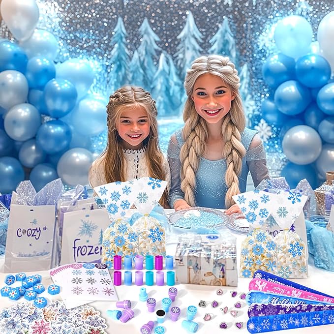 XANGNIER 134 Pcs Frozen Birthday Party Favors Decorations, Winter Frozen Party Supplies with Goodie Bag Snowflake Stickers Heart Ring Erasers Silicone Slap Bracelets Stamp Coil Springs