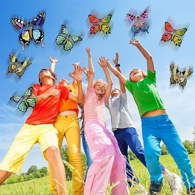 SANYIYIBA 24 Pack Flying Butterfly Craft Kit with 12 Wind Up Butterflies and 12 Color Pens - DIY Toys for Kids' Parties School Activities and Parent-Child Fun