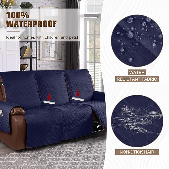 KinCam Waterproof Recliner Sofa Cover, Non-Slip Reclining Couch Covers for 3 Seat, Recliner Couch Cover Furniture Protector with Elastic Straps for Pets, Kids, Dark Blue