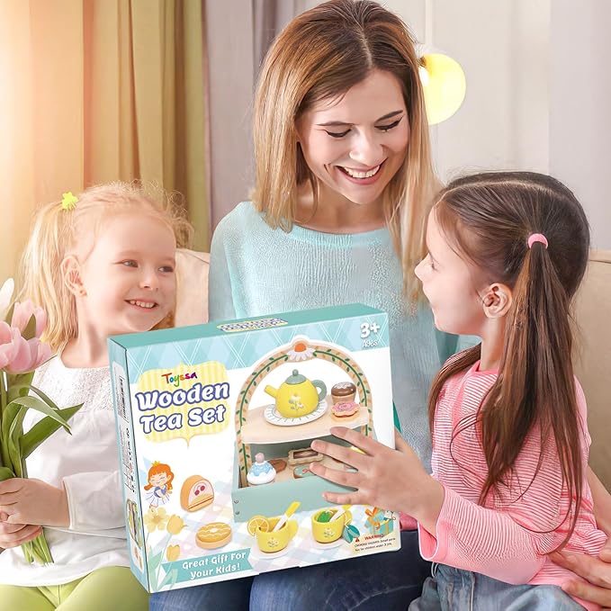 Toyssa Wooden Tea Party Set for Little Girls Toys Toddler Tea Set with Storage Cupcake Stand & Play Kitchen Accessories, Wooden Toys for Toddlers 2 3 4 5 6 Years Old, Birthday Kids Girls Gifts 1-3