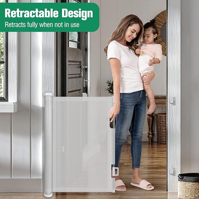 110 Inch Retractable Baby Gates for Large Openings Retractable Dog Gate Outdoor Retractable Gate Mesh Baby Gate Retractable Gates for Dogs Indoor Extra Long Baby Gate for Stairs, Doorways, Light Gray