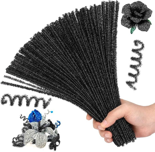 Hssugi Pipe Cleaners Black, 100PCS Christmas Pipe Cleaners Craft Supplies, Glitter Black Pipe Cleaners for Hair Fuzzy Sticks for DIY Art and Craft Projects Home Decoration