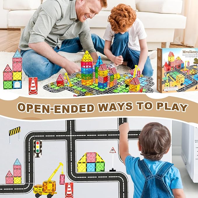 Magnetic Tiles Road Set Kids Toys, Magnetic City Construction Toys With Magnetic Crane for 3+ Year Old Boys Girls, Magnetic Blocks Building Toys STEM Toddlers Toys Magnetic Tiles for Kids Ages 3-5 4-8