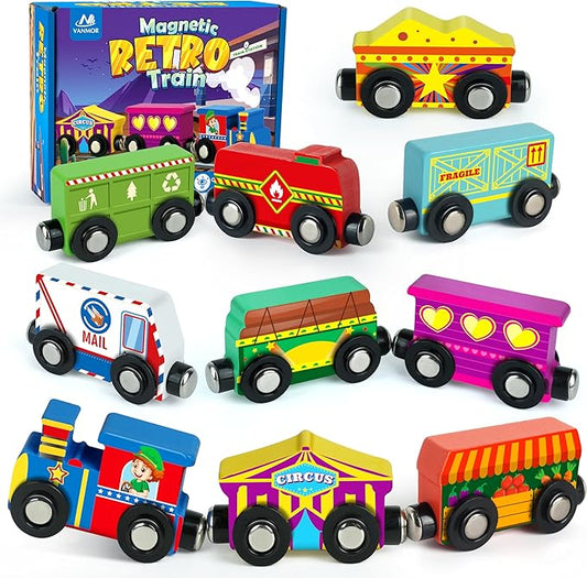 Vanmor Wooden Magnetic Train Set for Toddlers,10-Piece Educational Toy Cars with Magnets, Includes Storage Bag, Skill-Building Wooden Trains for Boys & Girls, for Kids 3-5 and 4-8 Years