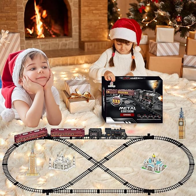 Electric Train Sets for Kids Metal Alloy Christmas Train Toys Steam Locomotive, Glowing Passenger Carriages, Luxury Tracks, Light & Sounds Rechargeable Birthday Gifts for Boys Girls Red โฆ