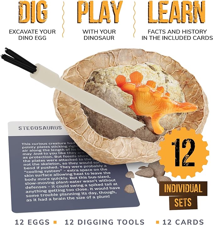 Dan&Darci Easter Dig a Dozen Dino Egg Kit for Kids - Dinosaur Toys Gift 3-12 Year Old - 12 Eggs & Surprise Dinosaurs - Science STEM Activities - Educational Boy Toy Party Gifts for Boys & Girls