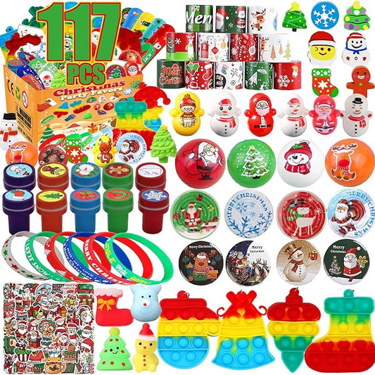 117 Pcs Christmas Party Favors for Kids, Stocking Stuffers,, Pop Fidget Treasure Box Toys, Goodie Bag Stuffers, Carnival Prizes, Prize Box Toys for Kids Classroom