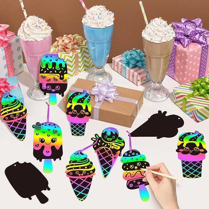 CY2SIDE Ice Cream Scratch Cards - 60PCS Summer Sweet Candy Ornament Scratch Crafts Card Gift Set for Kids Cones Magic Art Rainbow Color Craft Scratch Kit for Kids Birthday Party Favors School Activity