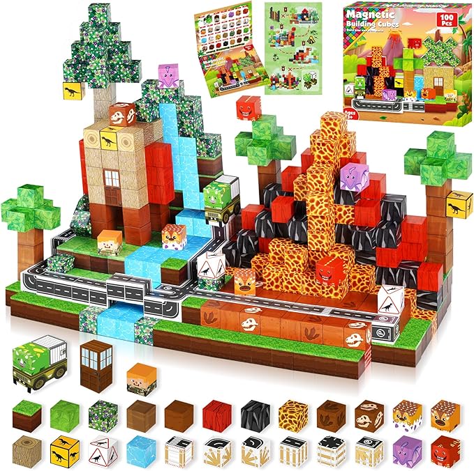 Goody King Dinosaur Volcano Magnetic Block World |100PCS Dinosaur Magnetic Block Cubes,STEM Montessori Sensory Toys for Toddlers Kids Boys Girls Ages 3-5 6-8 Christmas Birthday Gifts