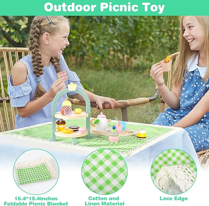 Wooden Tea Party Set, Toddler Tea Set for Little Girls 3-5 with Picnic Mat & Cupcake Stand & Play Kitchen Accessories, Wooden Toys for Toddlers 2 3 4 5 6 Years Old for Garden Picnics and Parties