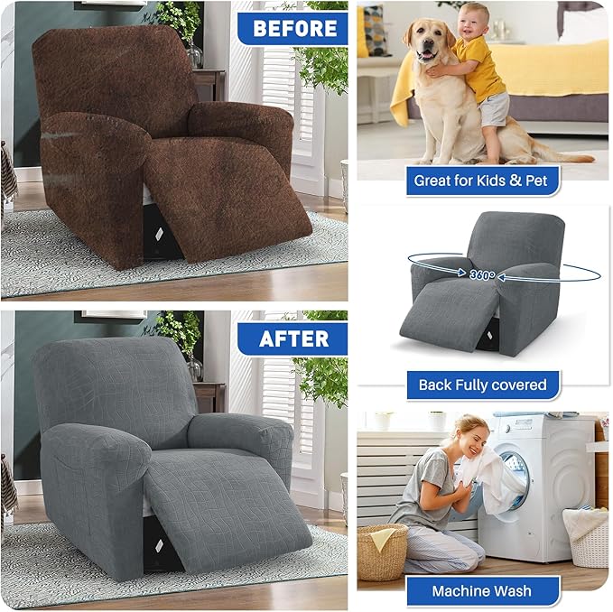 MAXIJIN Waterproof Recliner Chair Covers 3 Pieces Recliner Cover That Stay in Place, Washable Lazy Boy Recliner Slipcovers with Pockets Reclining Protector for Pet, Kids (Recliner, Light Gray)