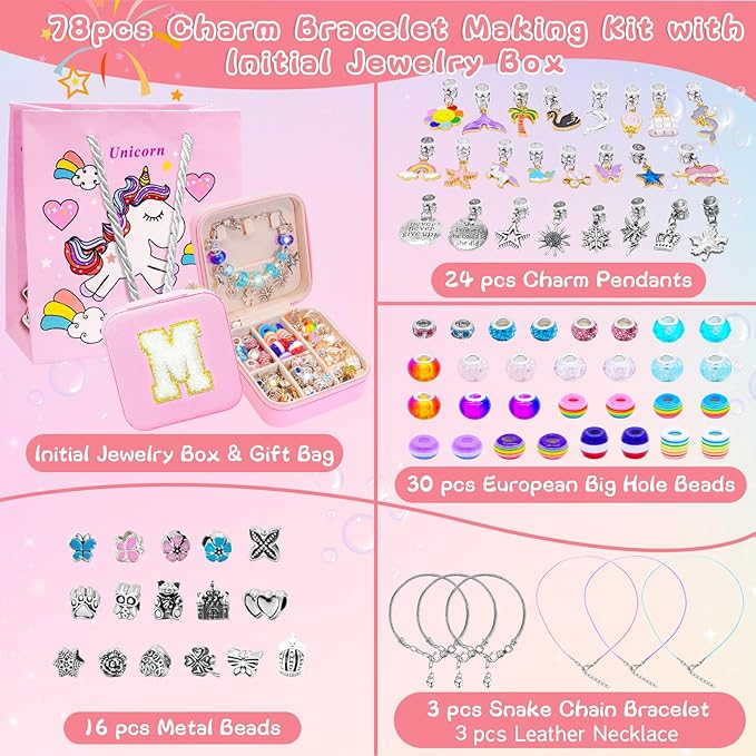 SUREHOME Charm Bracelet Making Kit Girls Christmas Gifts Unicorn Toy Jewelry Making Kit 8-12 Personalized Gifts for Ages 6 7 8 9 10 11 Year Old Girls Birthday Stuff Art Craft Supplies - Initial Box S