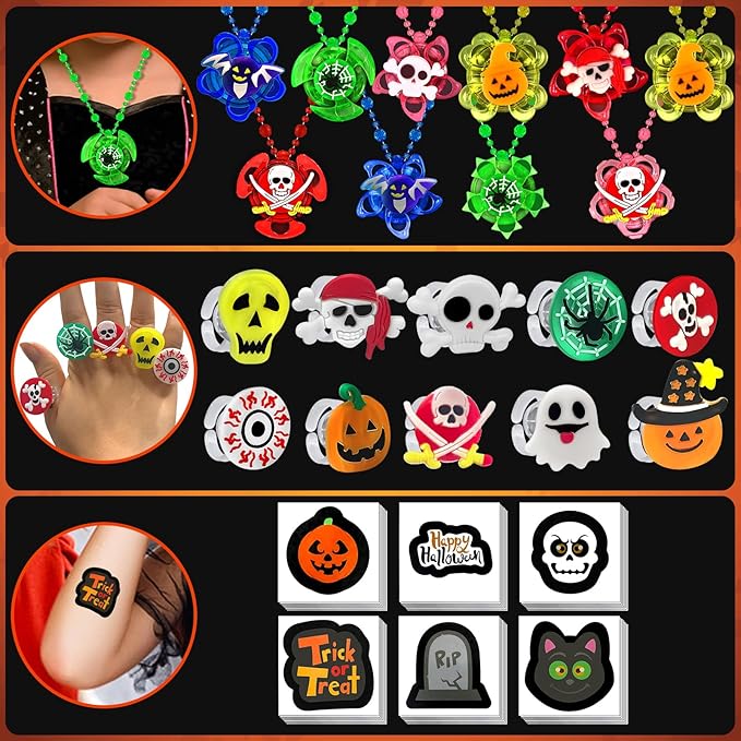 100 PCS Halloween Party Favors for Kids, Halloween Glow in the Dark Toys Rotating Spin Light Up Necklaces, LED Rings Decorations, Halloween Trick or Treats Classroom Goodie Bag Fillers Party Supplies