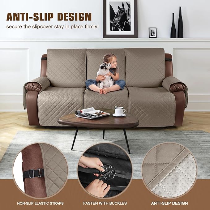 KinCam Waterproof Recliner Sofa Cover, Non-Slip Reclining Couch Covers for 3 Seat, Recliner Couch Cover Furniture Protector with Elastic Straps for Pets, Kids, Taupe
