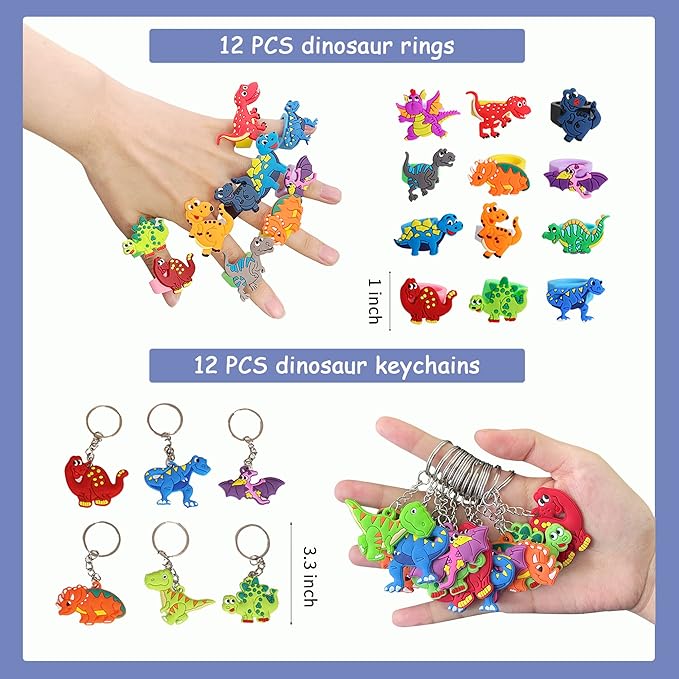 XIPEGPA 132 PCS Dinosaur Party Favors with Dinosaur Themed Eggs Dinos Slap Bracelets Keychains Rings Stickers for Kids Birthday Party Supplies Classroom Prizes Box Gift Goodie Bag Fillers