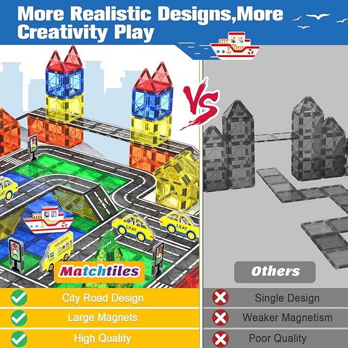 Magnetic Tiles Road Toys for 3+ Year Old Toddler, Magnetic Blocks Building Toys for Kids Ages 3-5 5-7 Girls Boys, STEM Montessori Sensory Toys, Classroom Must Haves