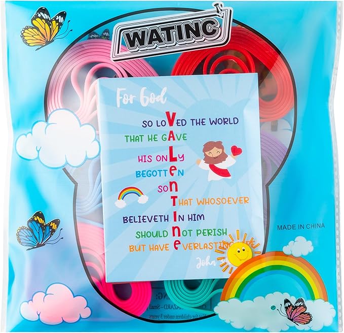 WATINC John 3: 16 Valentine's Day Cards with Bracelets Gift Set, 36 Pack Religious Wristbands Bulk Exchange Gifts, Christian Valentine Classroom Prize Award Sunday School Party Favor Supplies for Kids