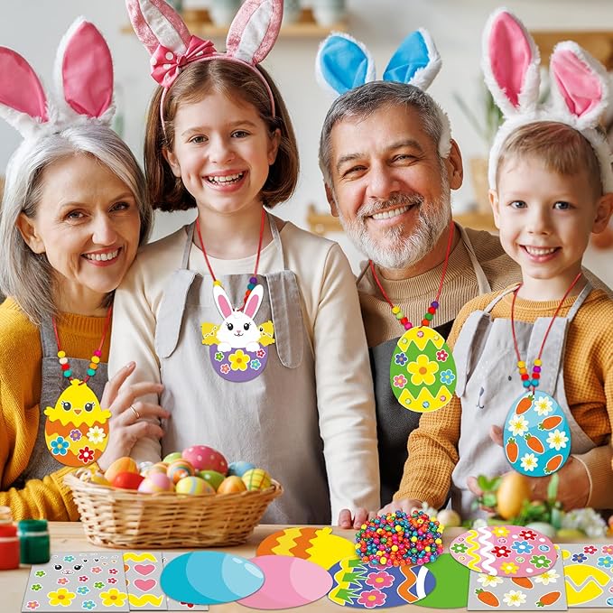Qyeahkj 32 Set Easter Egg Craft Kit for Kids Easter Bunny Necklaces Beads Ornaments DIY Spring Sticker Arts Crafts Activities Make Your Own Hanging Decor Supplies for Home School Classroom Party Favor