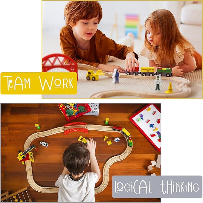 Wooden Train Sets for Boys 2-4-7 – 38 Pcs Wood Train Set for Toddlers w/Crane, Bridge & Wooden Train Tracks – Train Toys for 3 Year Old Boys & Girls – Fits Thomas Brio IKEA Melissa and Doug