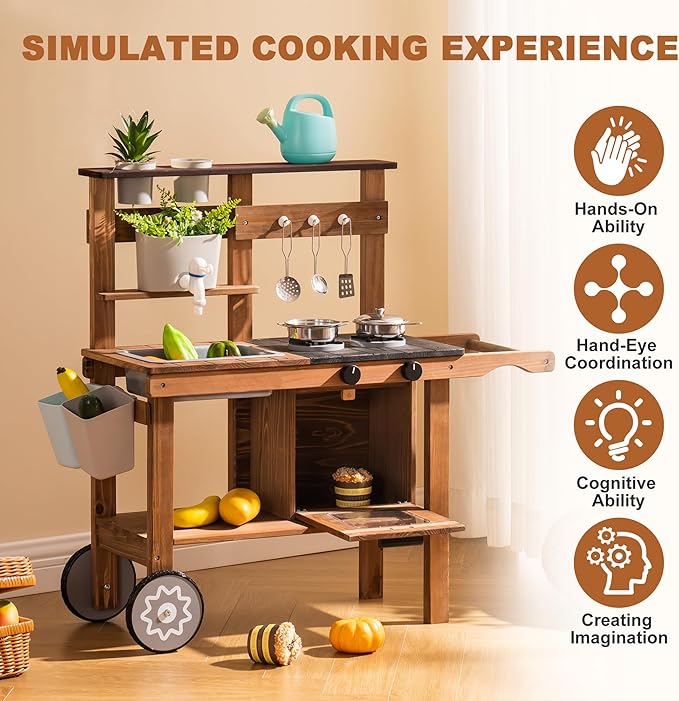 ROBOTIME Mud Kitchen for Kids Outdoor, Wooden Kids Kitchen Playset with Wheels, Outdoor Play Kitchen with Accessories, Fun Backyard Pretend Outdoor Toy Kitchen for Boys Girls Ages 3+