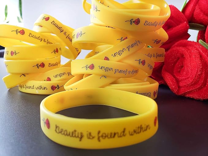 Rose Beauty Wristband Party Favors, 24 Pack Silicone Bands Beauty and the Beast Theme Bracelets for Girl Power Teens Tween Birthday Supplies Celebration Positive Message - Silicone Bracelets for Girls