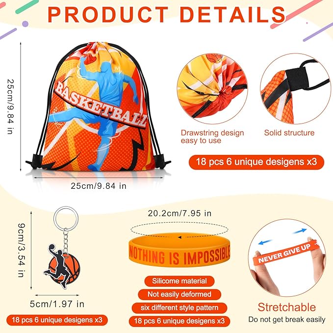 Sadnyy 140 Pcs Party Favors Birthday Party Decorations Supplies Drawstring Bags with Silicone Bracelets Keychains Straws Button Pins Stickers for Classroom Rewards Goodie Bags Stuffers(Basketball)