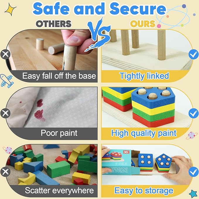 Shape Puzzles Wooden Puzzles for Toddlers 1-3, Color Shape Sorter Stacking Matching Sensory Toys Educational Learning Puzzle Toys for Boys Girls Preschool Birthday, Multicolor