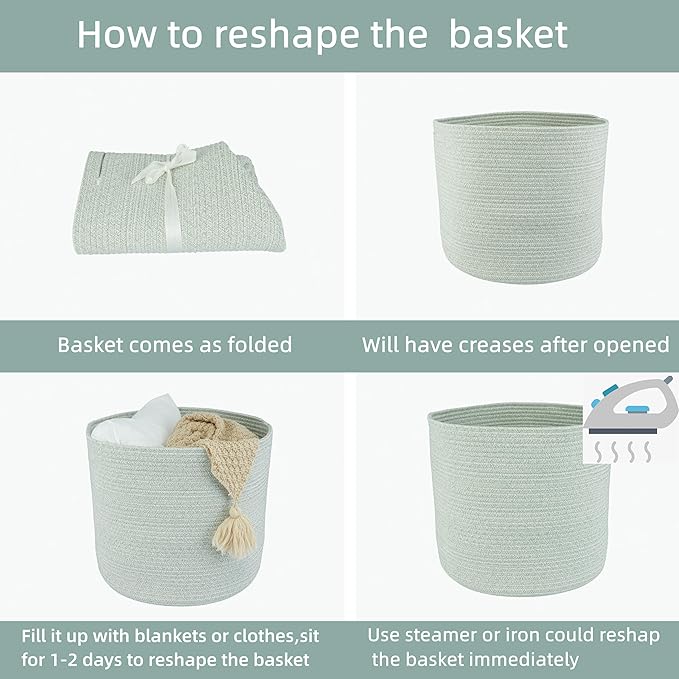 XUANGUO Cotton Rope Baskets For Girls Boys Kids 16”X14” Baby Laundry Basket Nursery Bin Round Woven Basket Organizer For Storage Toys Blankets Shoes Clothes light green