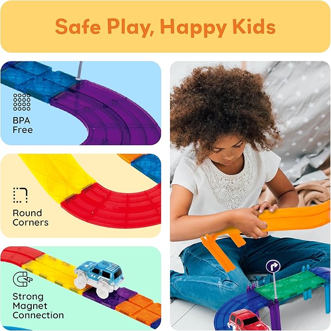 PicassoTiles 80 Piece Race Car Track Building Block Educational Toy Set Magnetic Tiles Magnet DIY Playset 2 Light Up Car STEM Learning Construction Kit Hand-Eye Coordination Fine Motor Skill Training
