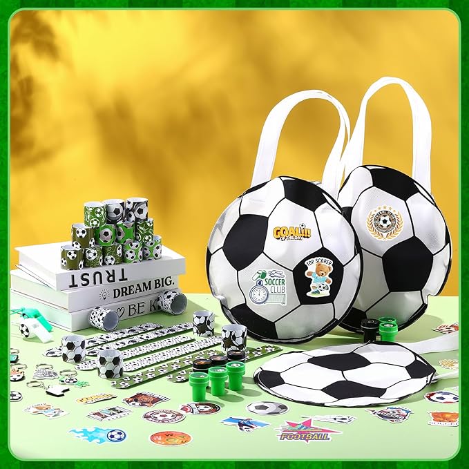 Aoriher 158 Pcs Soccer Party Favors Set Bulk Sport Non Woven Gift Bags Slap Bracelets Mini Bouncy Balls Toy Whistle Keychains Sticker Stampers for Sport Party Supplies(Soccer)