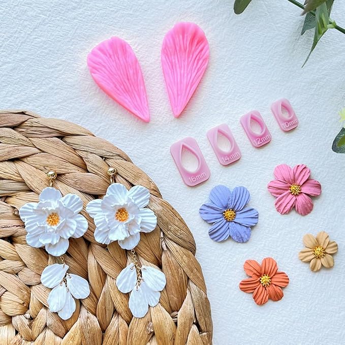 Keoker Flower Petal Clay Cutters - Polymer Clay Cutters for Earrings Making, 4 Shapes with Polymer Clay Petal Press Mold, Clay Cutters for Polymer Clay Jewelry (D)