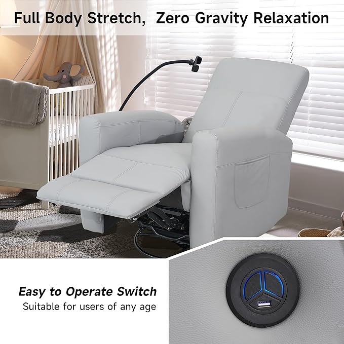 Power Swivel Glider Chair Nursery, Swivel Rocker Recliner with USB Ports, Rocking Chair with Microfiber Leather, Waterproof, Living Room, Nursery - Grey