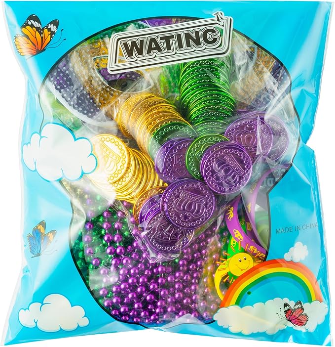 WATINC 186pcs Mardi Gras Party Favors Set, Mardi Gras Masks Headbands Coins Tattoo Stickers Silicone Bracelets Necklaces Beads Assorted for Masquerade Parade Carnival Costume Party Decorations