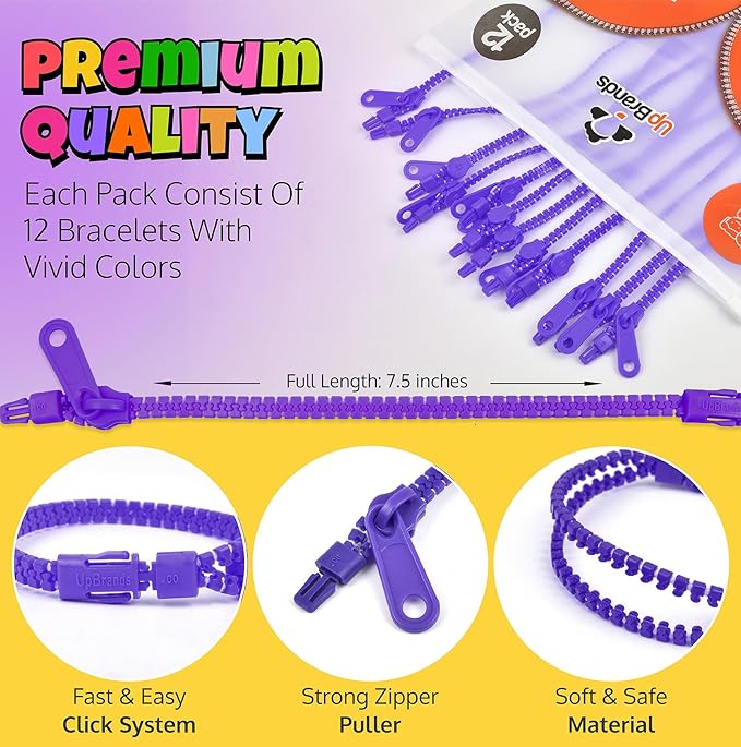 UpBrands 12-Pack Purple 7-Inch Zipper Bracelets – Fidget Party Favors for Kids, Bulk Anxiety Toys, and Stylish Accessories for Purple Heart Day & Purple Thursday