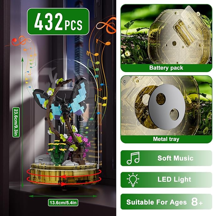 Mould King Butterfly Insect Building Block Set, Creative Flower Bug Kits Toys with Music Display Box, Collection DIY Office Home Decor for Adutls Kids Girls 8+, 10103