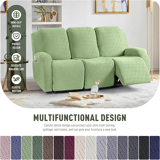 KinCam Recliner Covers, Stretch Reclining Chair Covers, Recliner Sofa Slipcovers Stripe Jacquard Recliner Couch Covers Furniture Protector Covers for Pet Kid (3 Seater, Light Green)