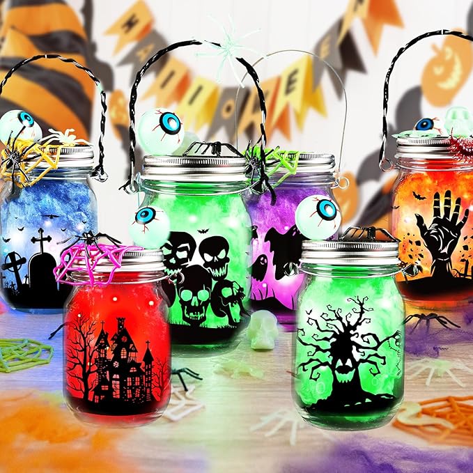 Shemira Halloween Craft Kit for Kids, 8 pcs Glass Mason Jar with Accessories for DIY Lantern Jar, Halloween Art & Craft Party Supplies, Halloween Art Activities,Halloween Craft and Art Party Supplies