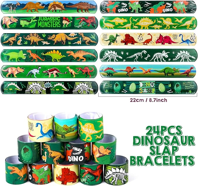Tacobear 48Pcs Dinosaur Slap Bracelets Rubber Wristbands for Kids Boys Girls Birthday Party Favors Supplies Classroom Prize Gifts Dinosaur Goodie Bag Fillers