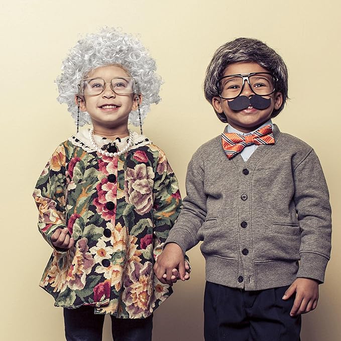 100th Day of School Costume for Girls, Old Lady Cosplay Silver Curly Wig Glasses Wig Cap Pearl Necklace Bracelet Accessories