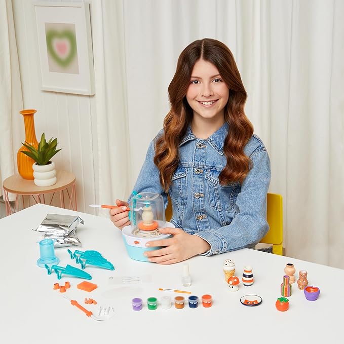 Make It Real Mini Pottery Studio Deluxe Set - DIY All-in-1 Sculpting Craft Kit for Kids & Tweens - Create 20 Unique Miniature Clay Projects - No Mess, No Bake, Quiet Wheel - All Skill Levels Ages 8
