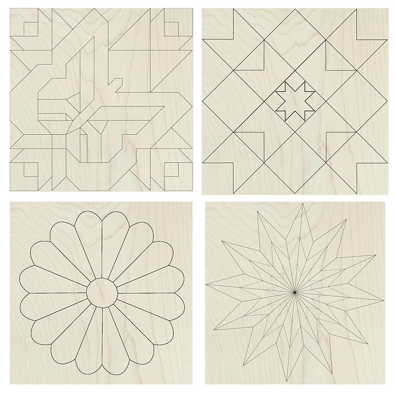 Set of Four 9 Inch Barn Quilt Kit DIY Pattern Unfinished Wood Quilting Block Sign Paintable Crafts for Women, Children, Men, Party (Butterfly, Patchwork Star, Dresden Flower, Starburst) AVTRBoutique