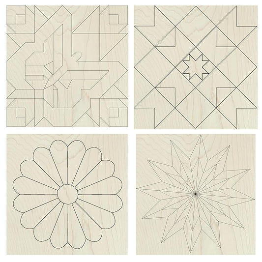 Set of Four 9 Inch Barn Quilt Kit DIY Pattern Unfinished Wood Quilting Block Sign Paintable Crafts for Women, Children, Men, Party (Butterfly, Patchwork Star, Dresden Flower, Starburst) AVTRBoutique